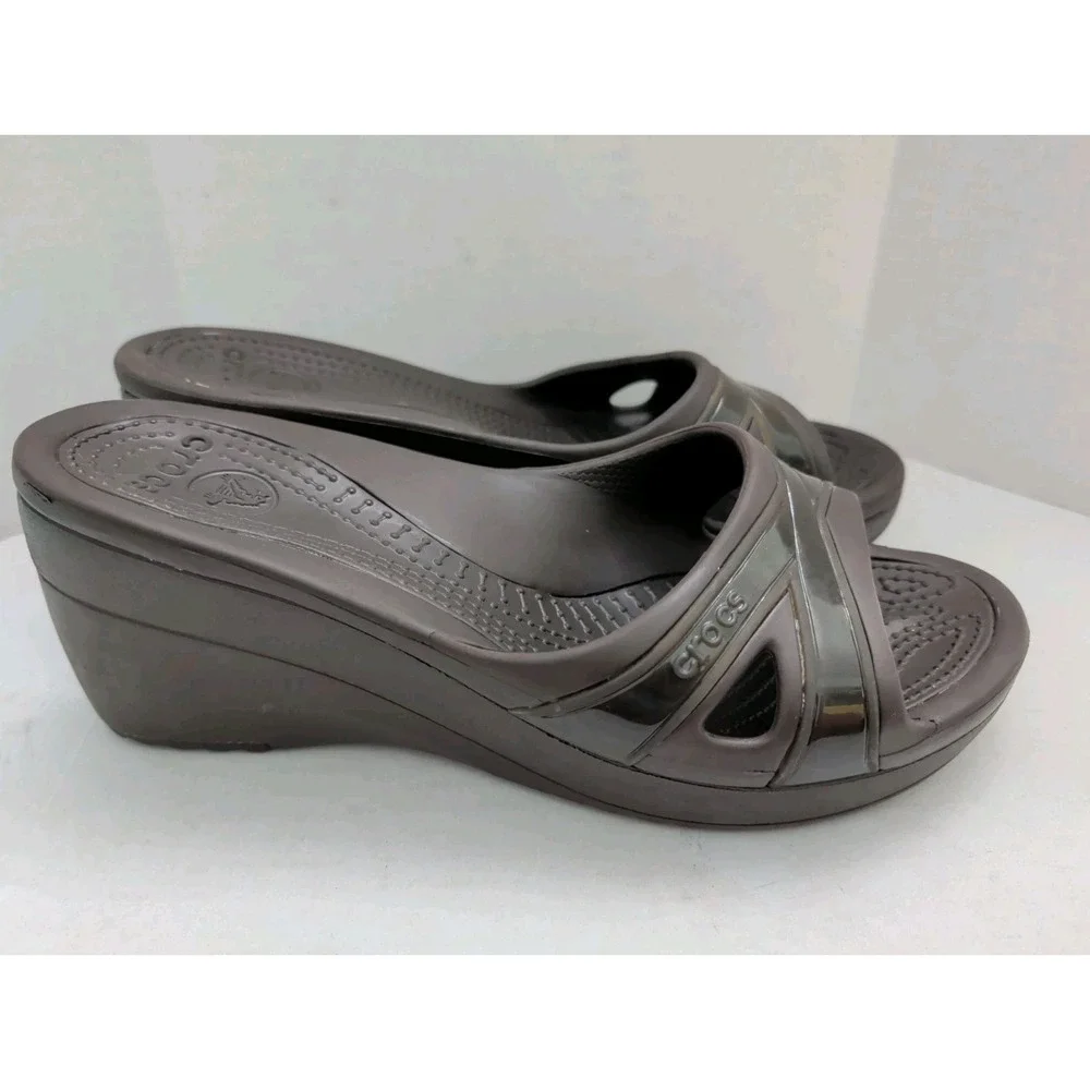 Crocs Sassari Women's 9 Criss Cross Brown Wedge Heel Slides Sandals